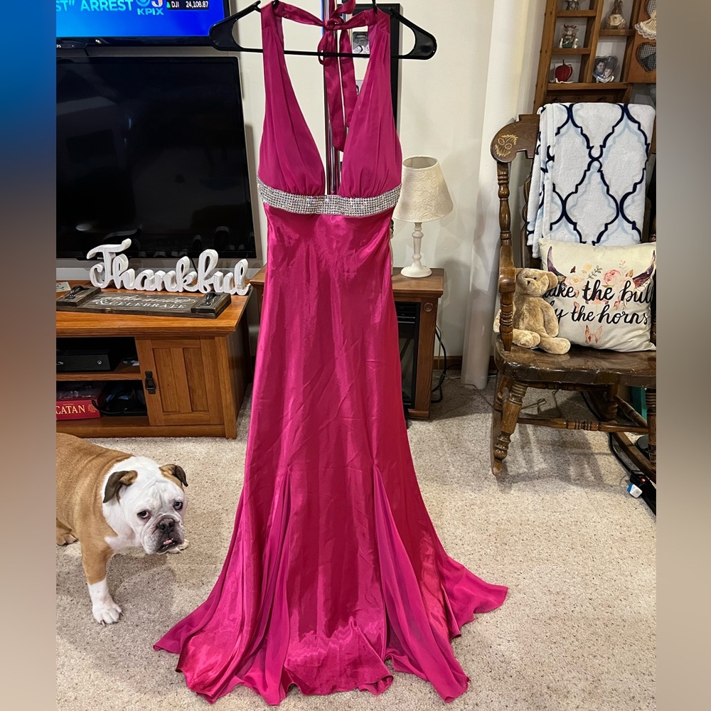 Betsy and Adam pink halter formal dress